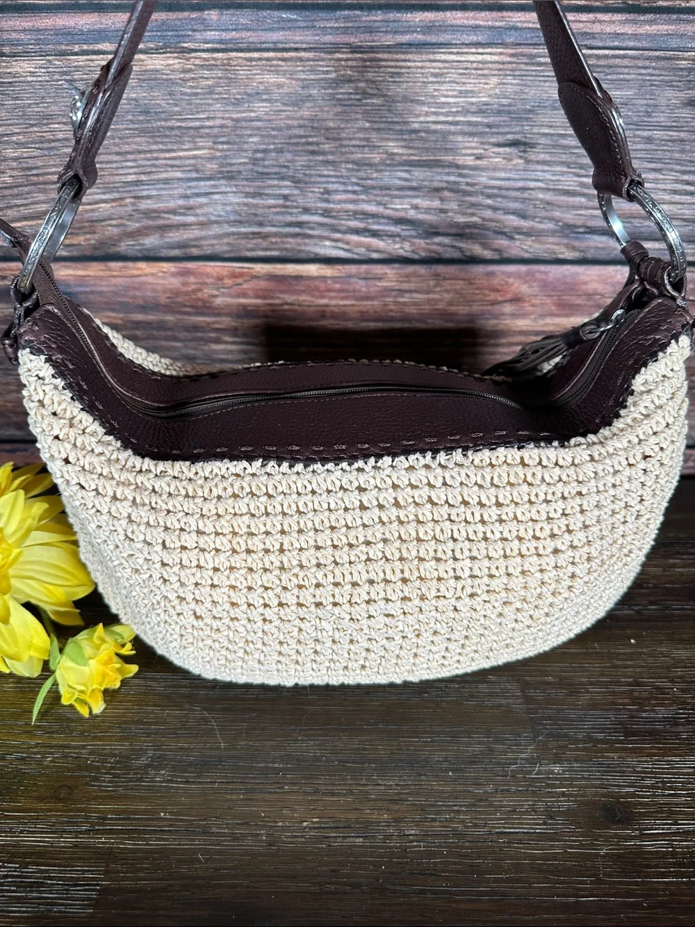 Brighton woven raffia straw shoulder bag features brown leather trim